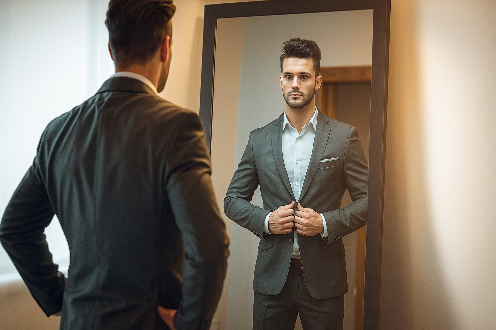 Homme en costume ajustant sa veste devant un miroir, symbole de confiance en soi retrouvée.