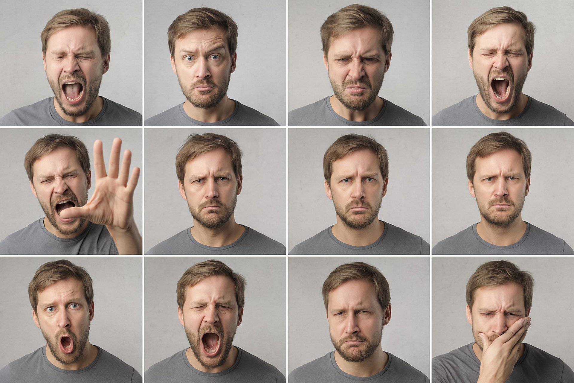 Homme affichant différentes émotions face au jugement social
