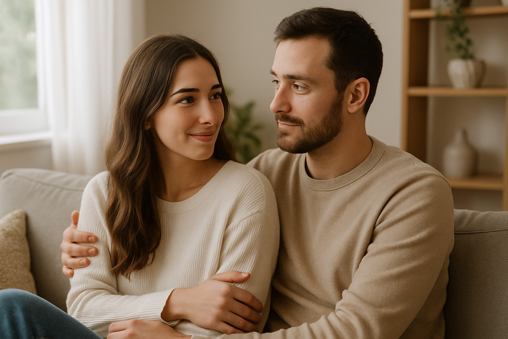 Couple complice assis sur un canapé, regard tendre et ambiance chaleureuse illustrant la fidélité dans une relation amoureuse.