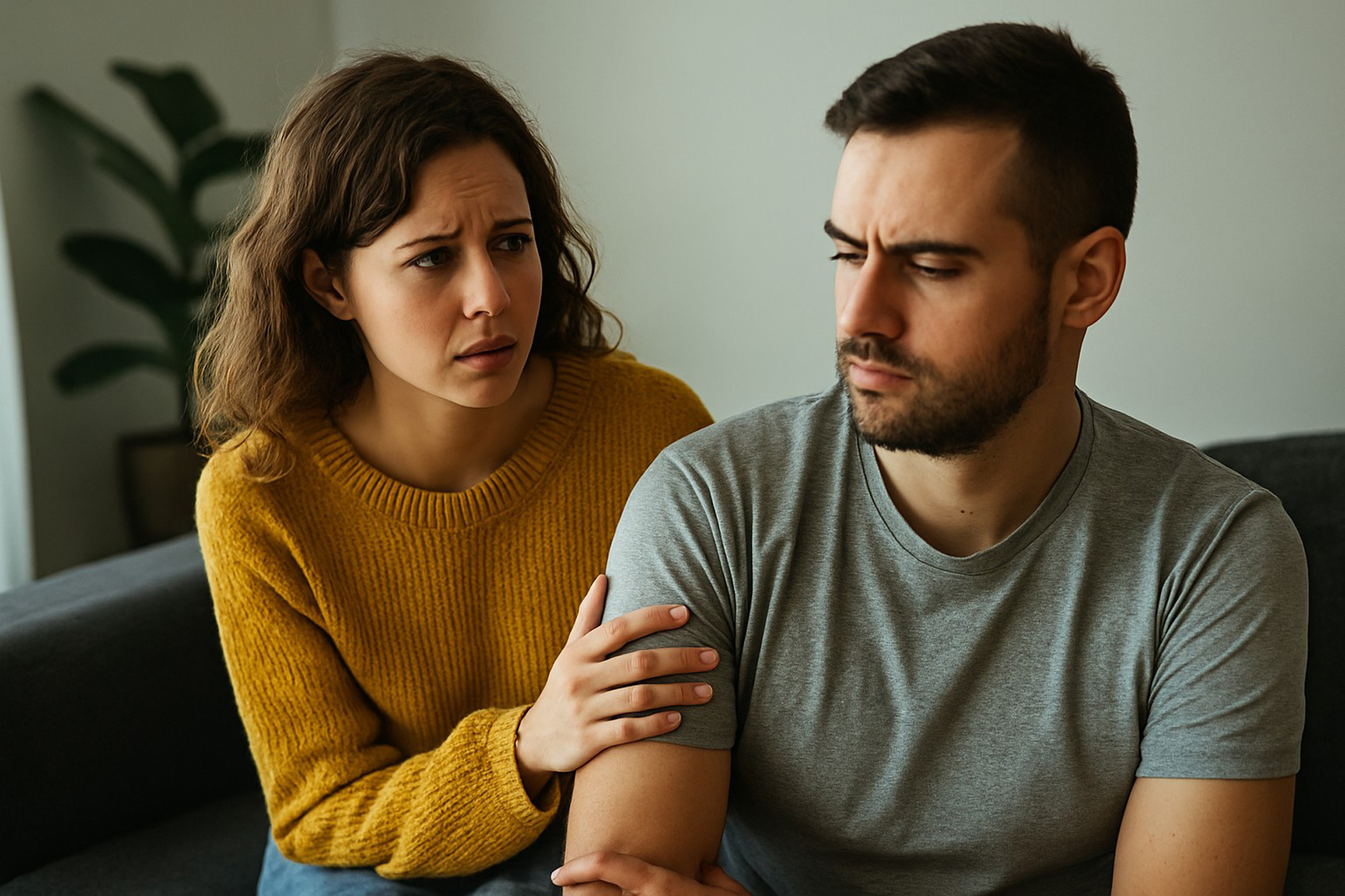 Un homme silencieux face à une femme qui attend un "je t’aime"