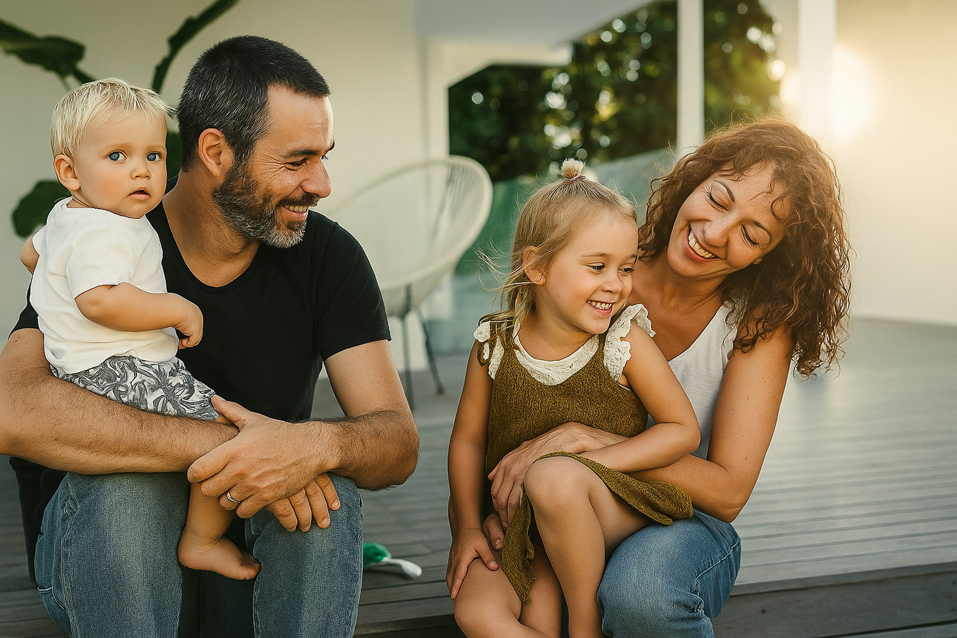 famille recomposée avec enfants heureux sur une terrasse en été