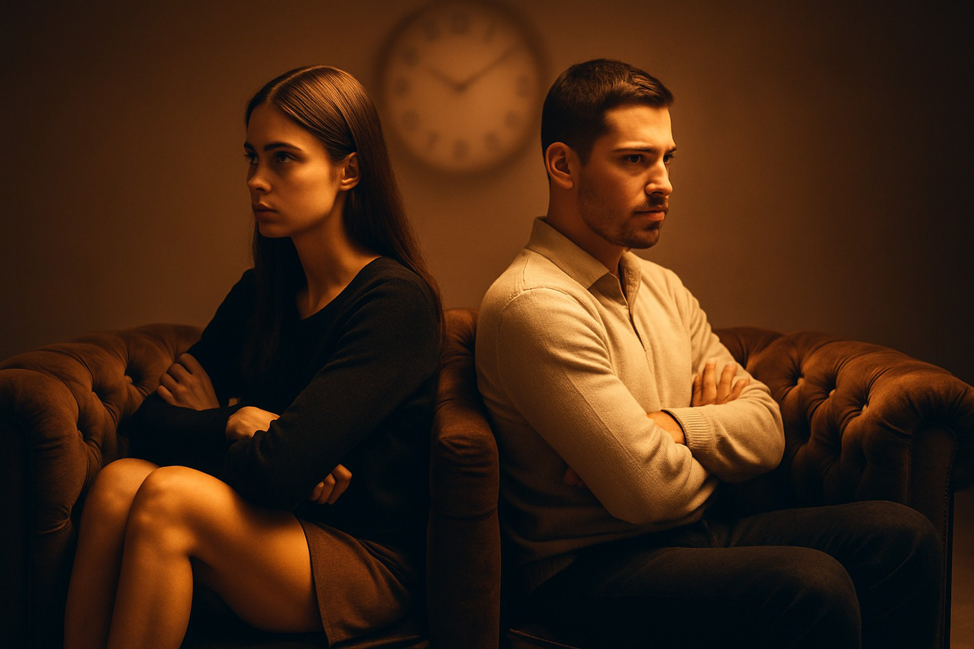 Couple distant assis dos à dos sur un canapé, illustrant le silence dans la relation amoureuse
