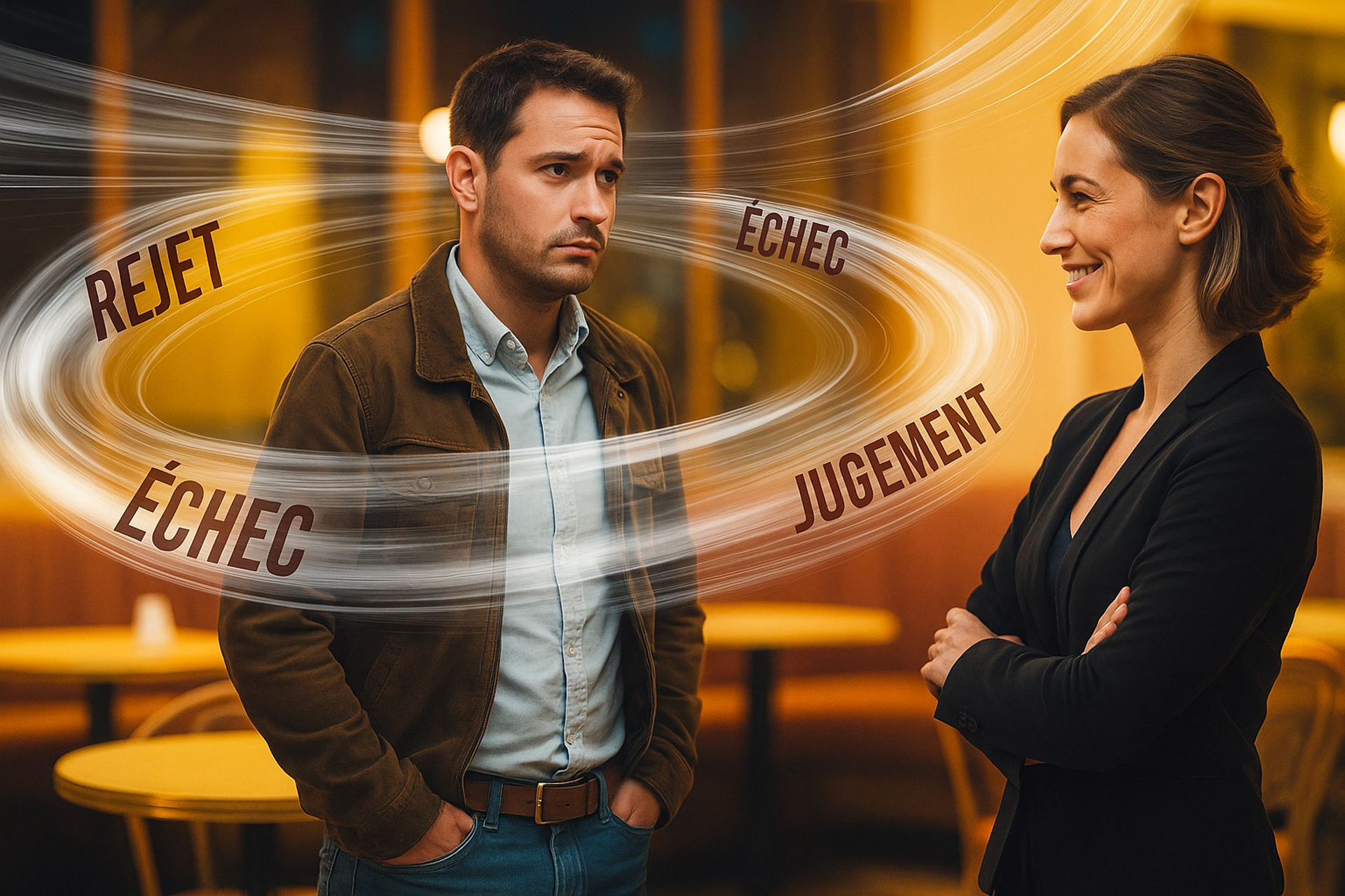 Un homme hésitant face à une femme souriante dans un café, entouré de mots comme rejet, échec et jugement