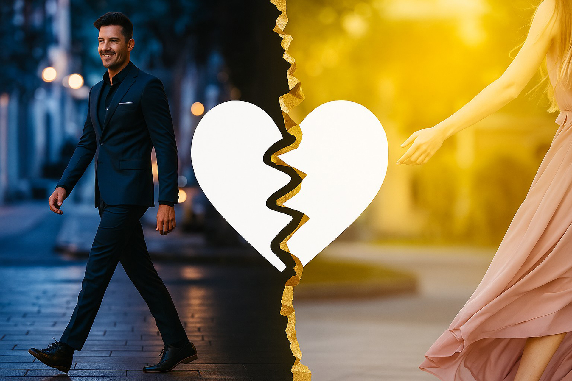 Homme et femme séparés symboliquement par un cœur brisé