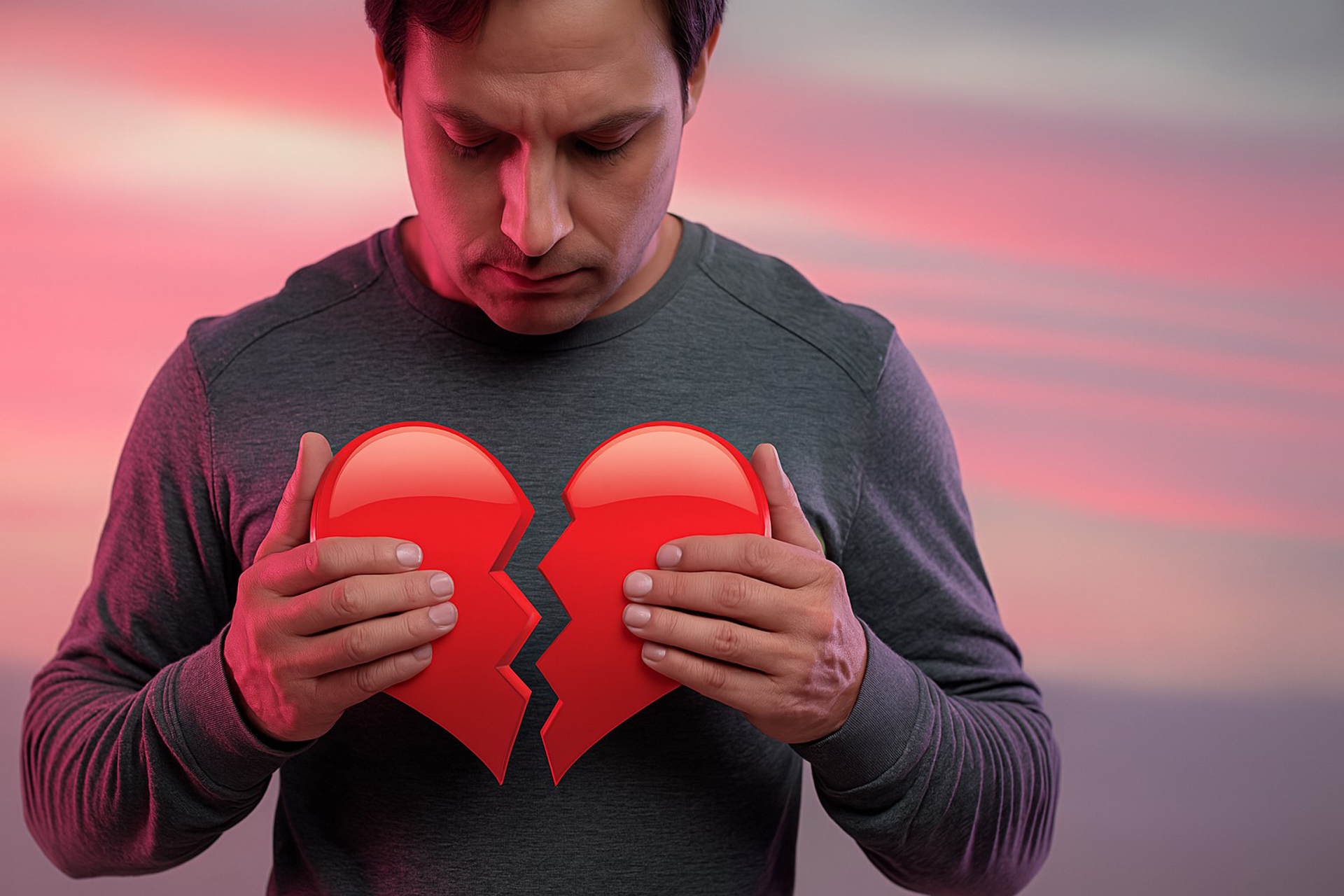 Homme tenant un cœur brisé en symbole de rupture amoureuse