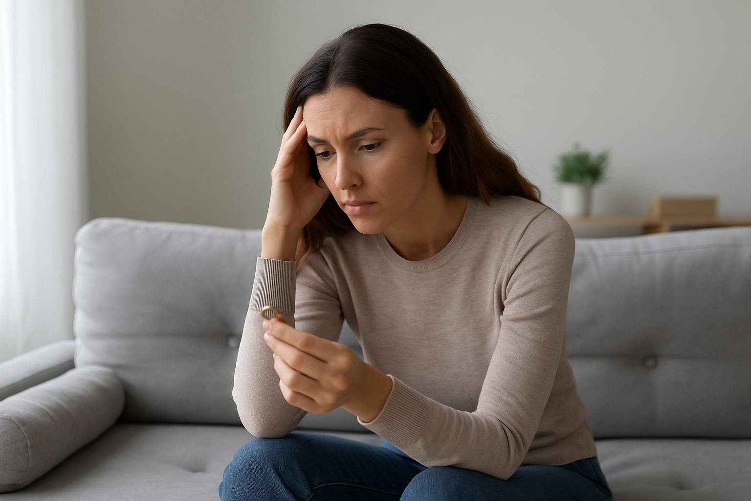 Femme pensive assise sur un canapé, tenant son alliance dans la main, réfléchissant à comment reconquérir son mari après une demande de divorce.