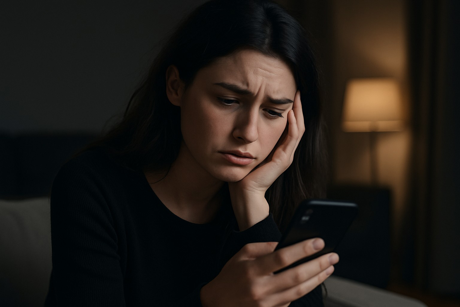 Jeune femme inquiète regardant son téléphone, attendant une réponse de son ex.