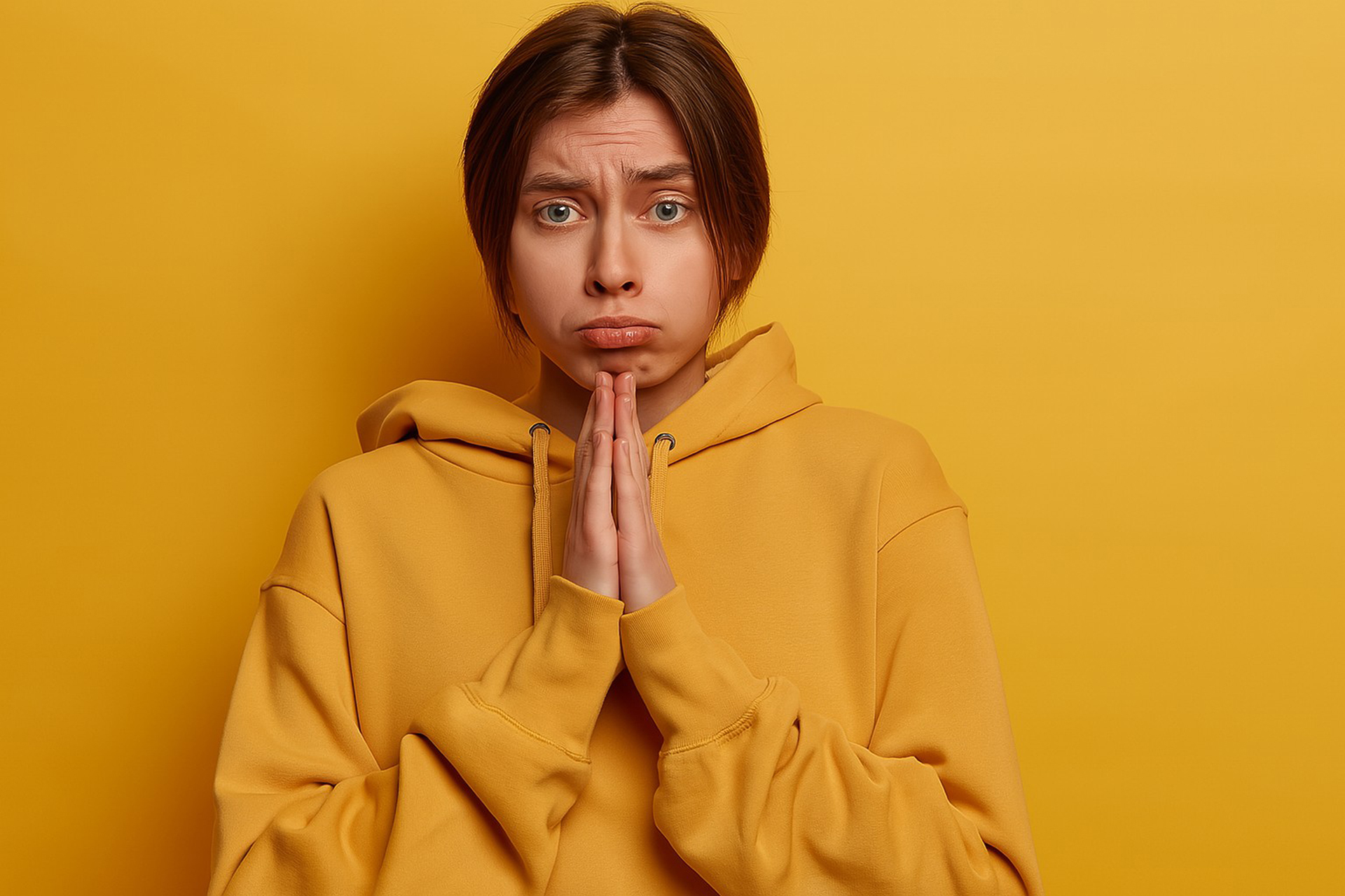 Une femme suppliant avec une expression désolée sur fond jaune