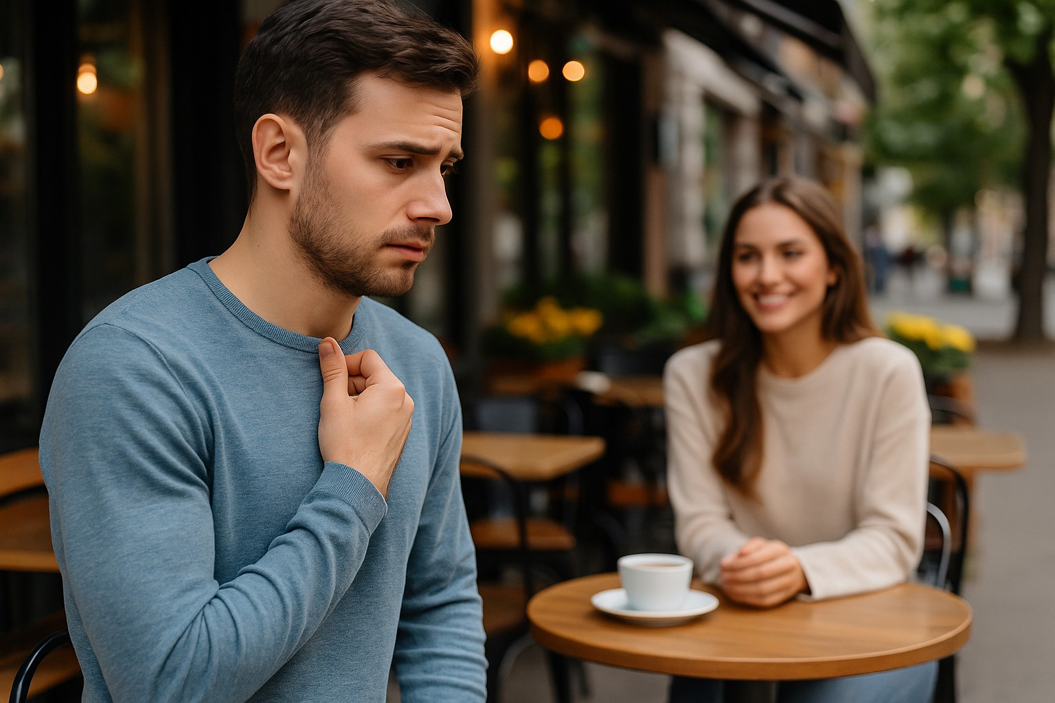 Homme timide hésitant à aborder une femme souriante dans un lieu public.