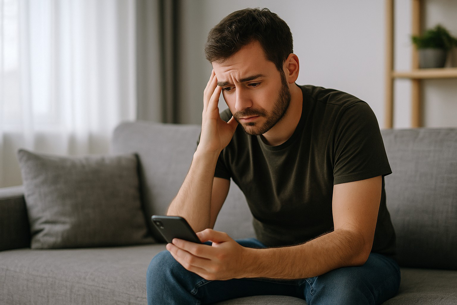 Homme assis sur un canapé, le regard triste et inquiet, fixant son téléphone.