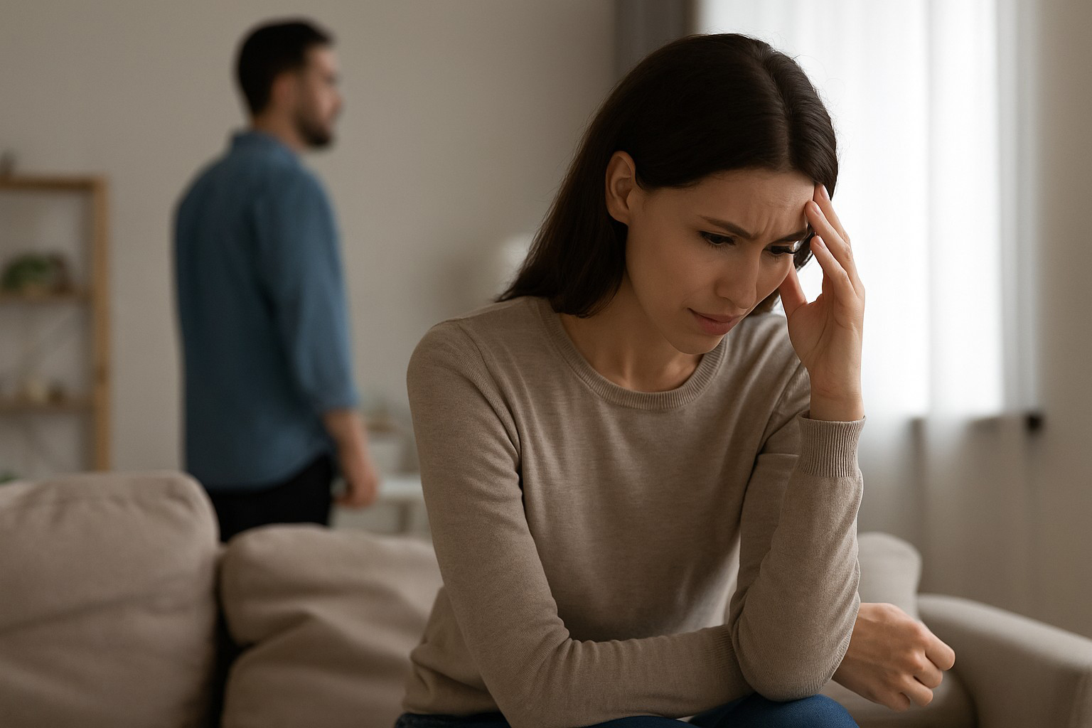Femme assise seule, l’air bouleversé, tandis qu’un homme flou se tient en arrière-plan, symbolisant la décision du mari de divorcer.