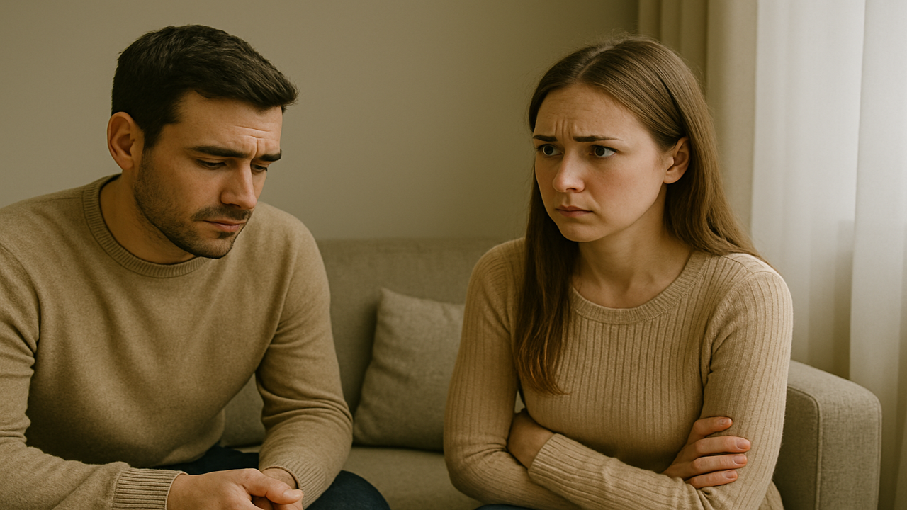 Femme bouleversée qui écoute son ex lui annoncer une rupture, assise sur un canapé, expression triste et fermée