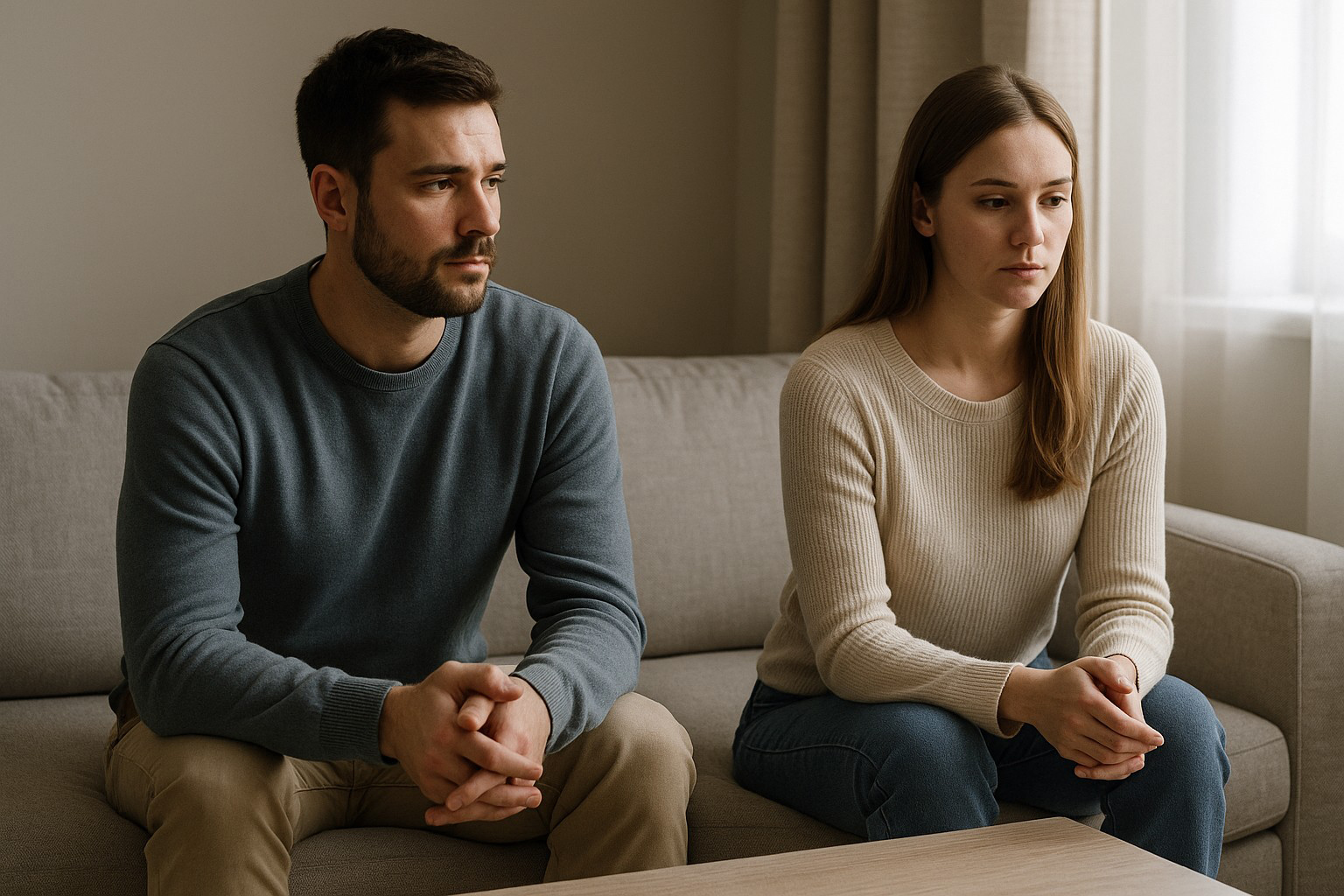 Couple assis sur un canapé, l’air pensif, symbolisant les erreurs à éviter après avoir récupéré son ex