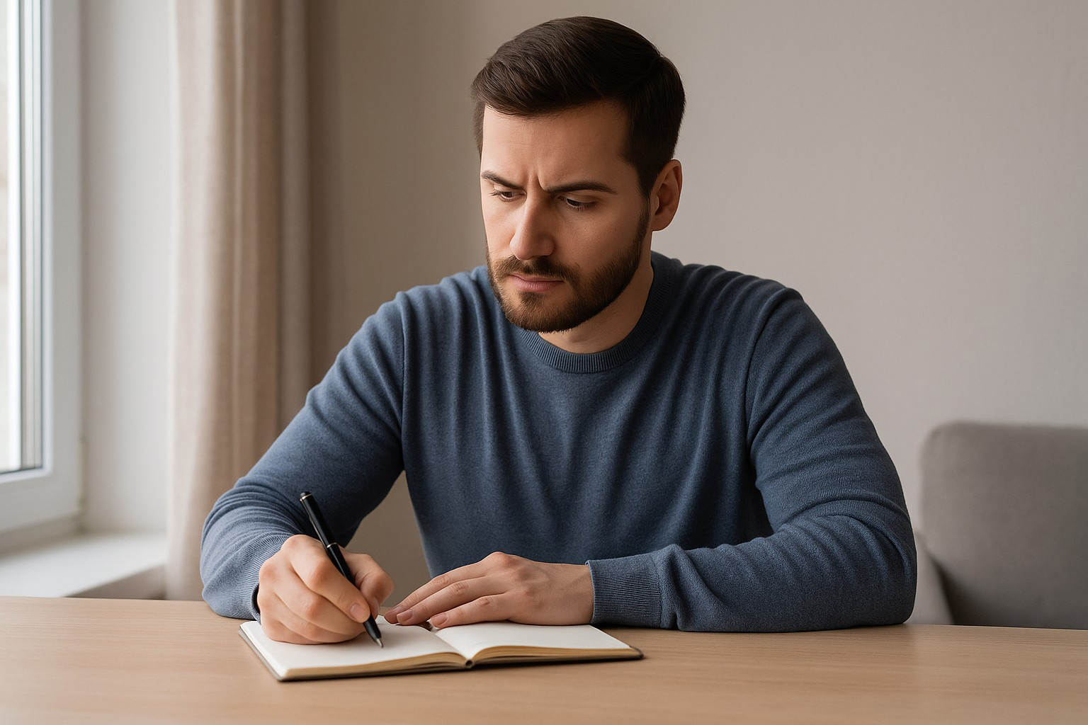 Homme assis à une table, écrivant dans un carnet avec une expression sérieuse et concentrée, symbolisant la prise de conscience et la réflexion après une rupture.