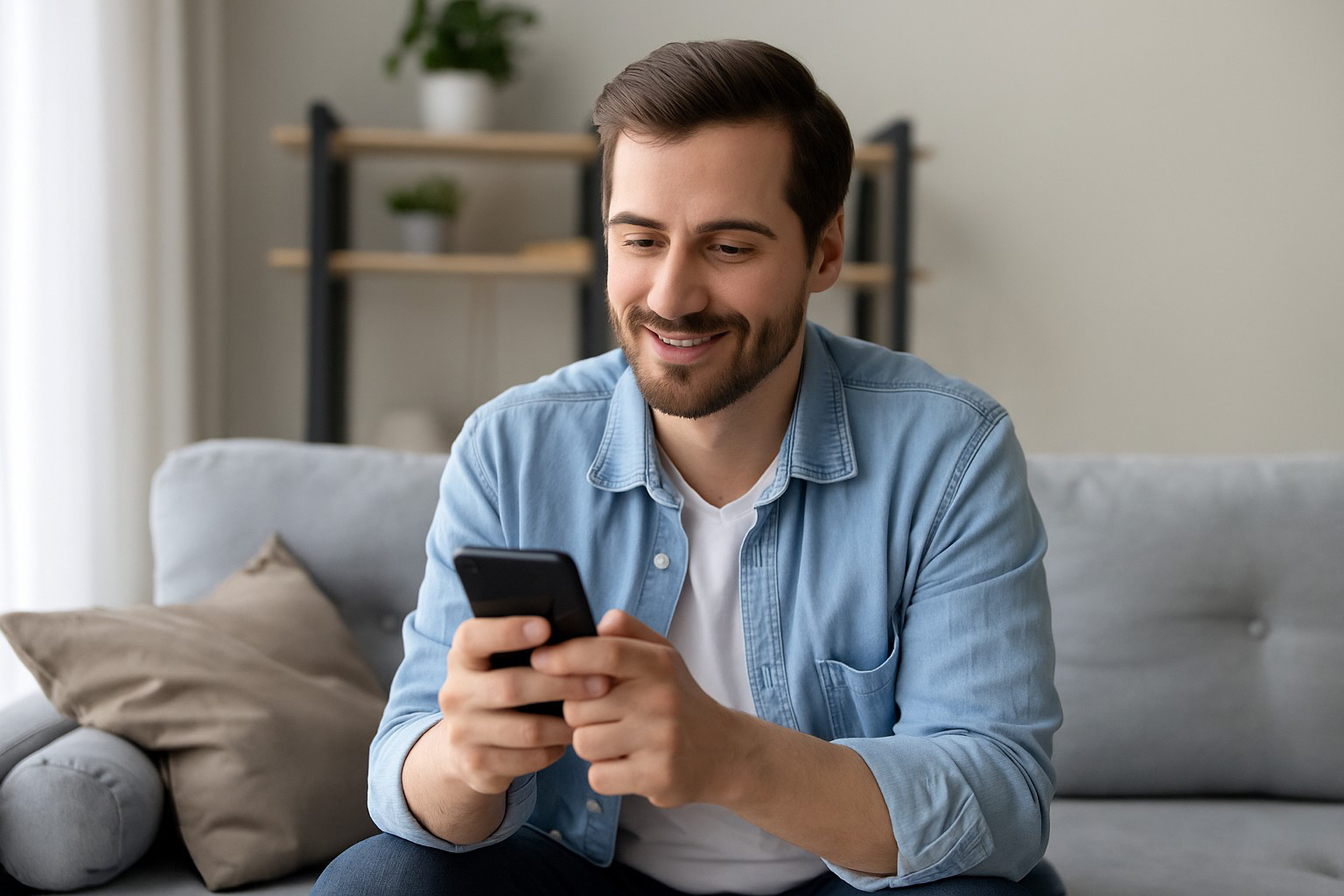 Homme souriant assis sur un canapé, tenant son smartphone, illustrant des échanges quotidiens avec un ex.