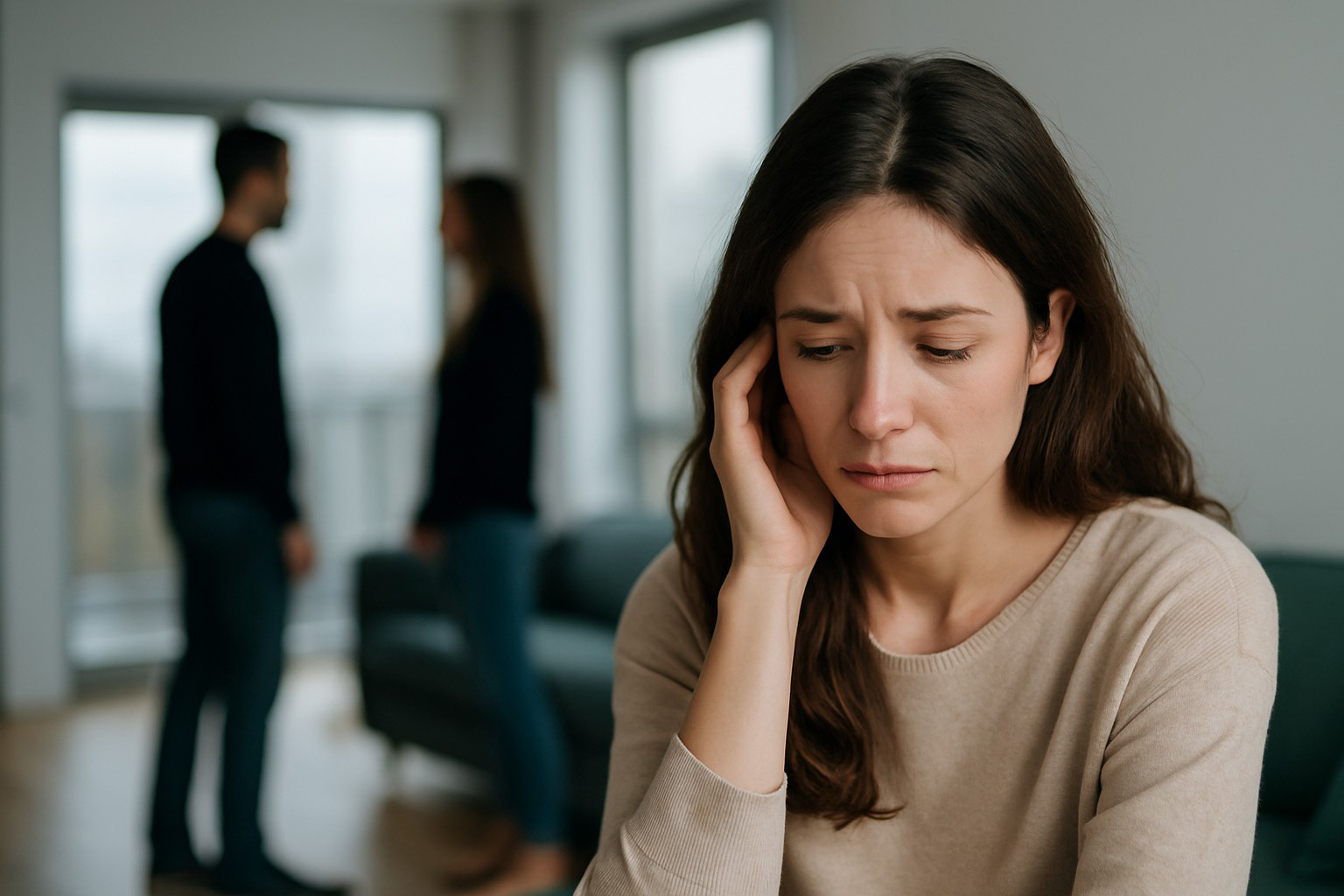 Femme bouleversée au premier plan, tandis qu’un homme s’éloigne avec une autre femme en arrière-plan flou.