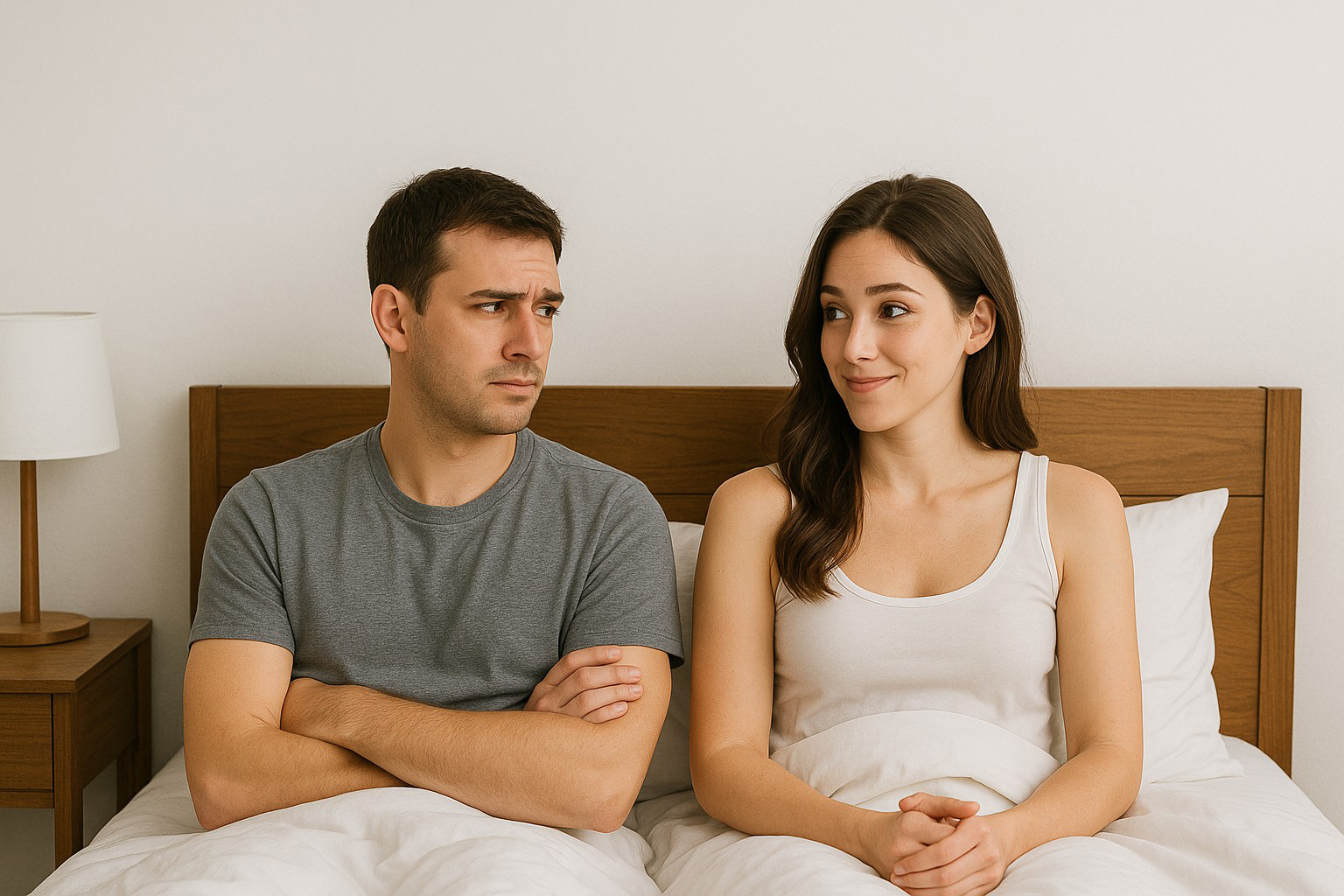 Ex-couple assis dans un lit, entre complicité et distance, illustrant la question du sexfriend avec son ex après une rupture.