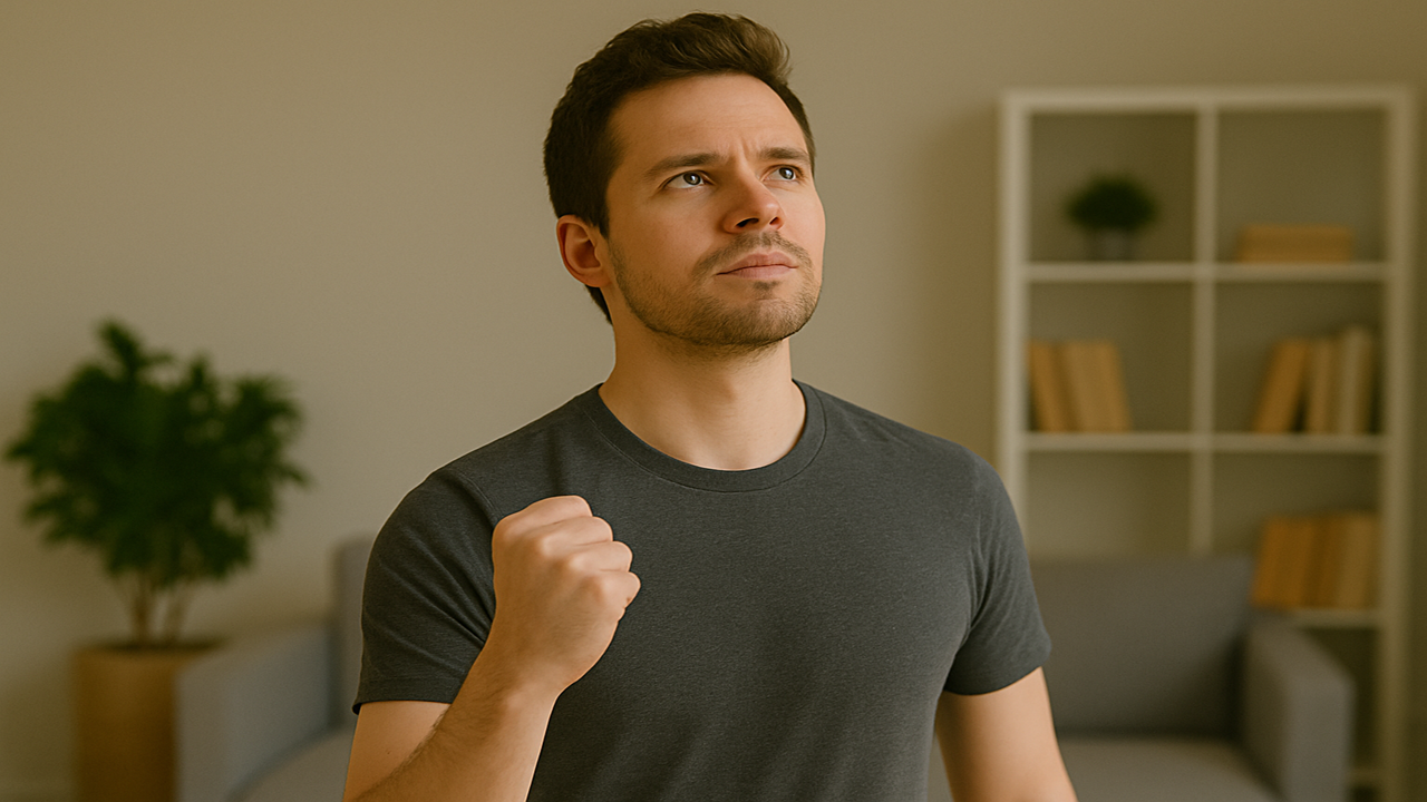 Homme déterminé levant le poing, symbole de motivation et d’atteinte d’objectifs